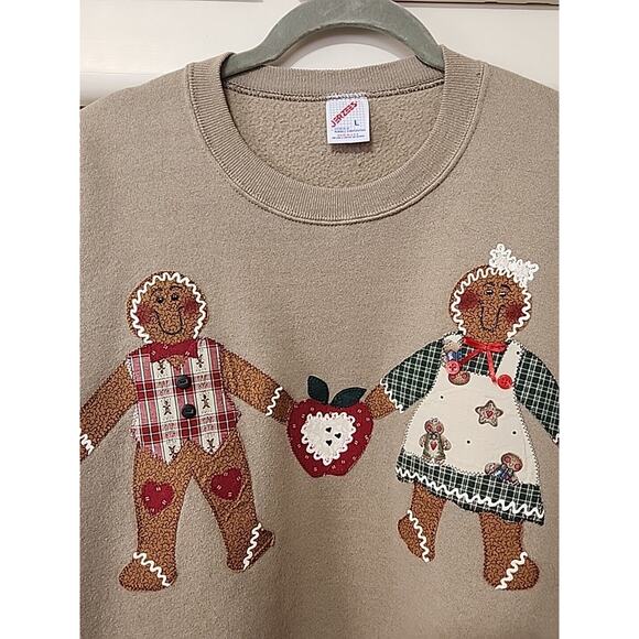 VINTAGE Gingerbread Sweatshirt Adult Large Tan Applique Jerzees Women’s - Picture 3 of 10